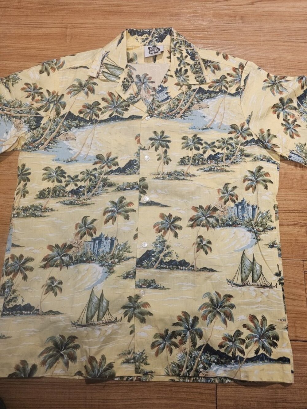 Vintage Hilo Hattie Hawaiian Shirt Palm Trees Floral Mens Size Large Yellow
